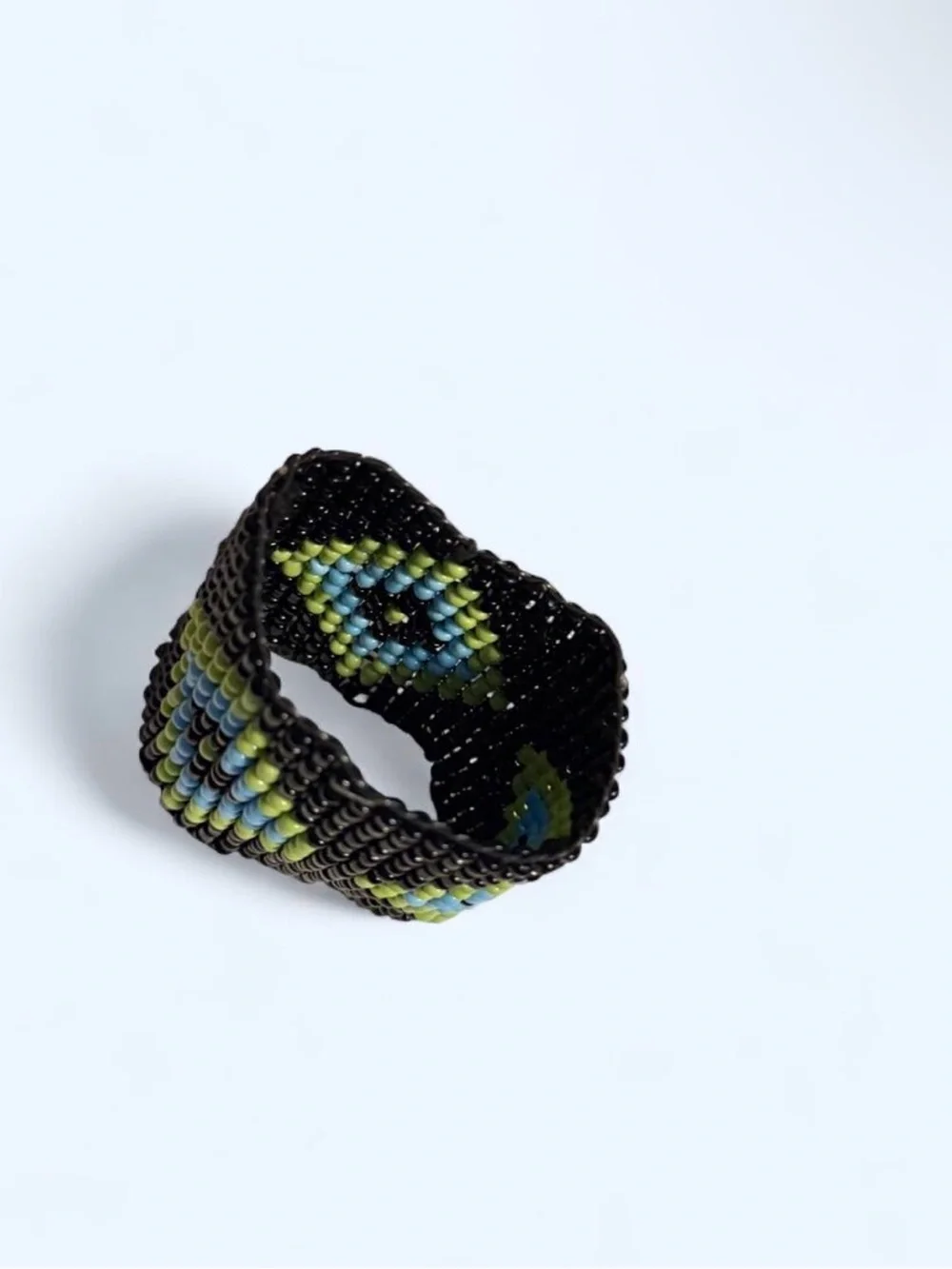Vintage Black Blue & Green Glass Seed Bead Cuff Bracelet, Eye Design